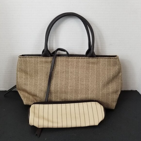 Estee Lauder Herringbone Tote Bag & Striped Pouch Set Beige & Black - Picture 1 of 6
